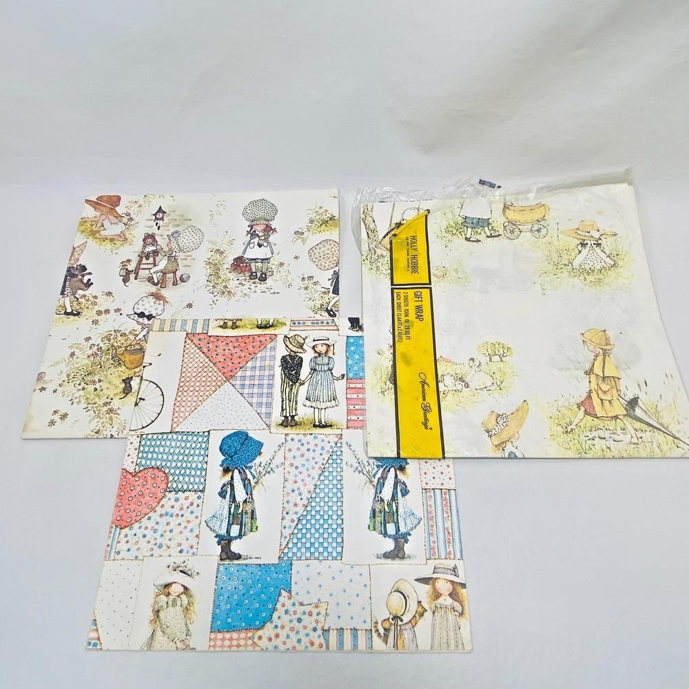 Vintage Gift Wrap Lot of 3 Holly Hobbie Hallmark Wrapping Paper Scrapbook